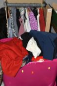 FOUR BOXES AND ONE BOXED RAIL OF LADIES' CLOTHING AND ACCESSORIES, to include sweaters, cardigans,