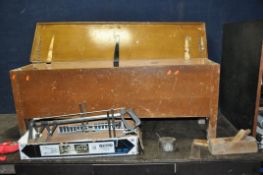 A BEECHWOOD TOOLCHEST with lift up lid and tools including an oak coffin plane, a Rabone and