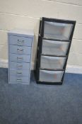 A SIX DRAWER METAL FILING CABINET, width 29cm x depth 42cm x height 68cm, along with a plastic
