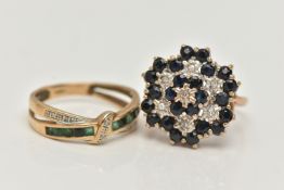 TWO 9CT GOLD GEM SET RINGS, the first a three tier sapphire and diamond cluster ring, estimated