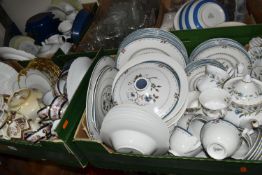 FIVE BOXES AND LOOSE CERAMICS AND GLASS WARE, to include a TG Green Cornish Ware mixing bowl, Sadler