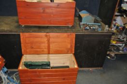 TWO WOODEN CHESTS AND A METAL TOOLBOX CONTAINING POWER AND HAND TOOLS including a Bosch PSB650 RES