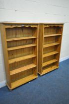 A PAIR OF MODERN PINE OPEN BOOKCASES, with four adjustable shelves, width 84cm x depth 29cm x height
