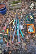 A LARGE BUNDLE OF NEARLY NEW HAND GARDEN TOOLS, to include shears, loppers, rakes, shovels, forks,
