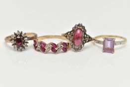 FOUR GEM SET RINGS, to include an early 20th century garnet and rose cut diamond dress ring, white