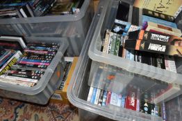 FIVE BOXES OF DVDS, over one hundred titles to include feature films, classic films, TV and movie