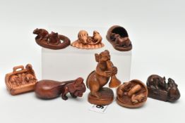SIX 20TH CENTURY CARVED TREEN NETSUKE AND TWO OKIMONO CARVED WITH RATS, two carved with the addition