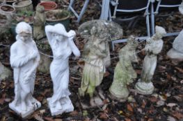 THREE WEATHERED COMPOSITE GARDEN FIGURES, of scantily clad ladies, max height 80cm, and two