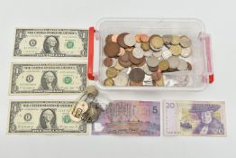 A SMALL PLASTIC BOX OF MIXED COINS, to include 10x old round one pound coins, includes USA Dollar