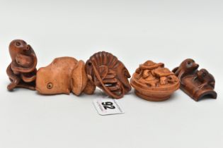 THREE 20TH CENTURY CARVED TREEN NETSUKE AND TWO OKIMONO, in the form of fish, octopus, terrapins and