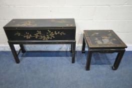 A 20TH CENTURY BLACK LACQUER AND CHINOISERIE DECORATED BLANKET CHEST ON STAND, with a single
