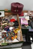 A BOX OF ASSORTED COSTUME JEWELLERY AND ITEMS, to include various beaded necklaces, brooches,