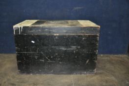 A LARGE PINE CARPENTERS TOOLBOX painted in black with a lift out tray, a painted plaque stating D.