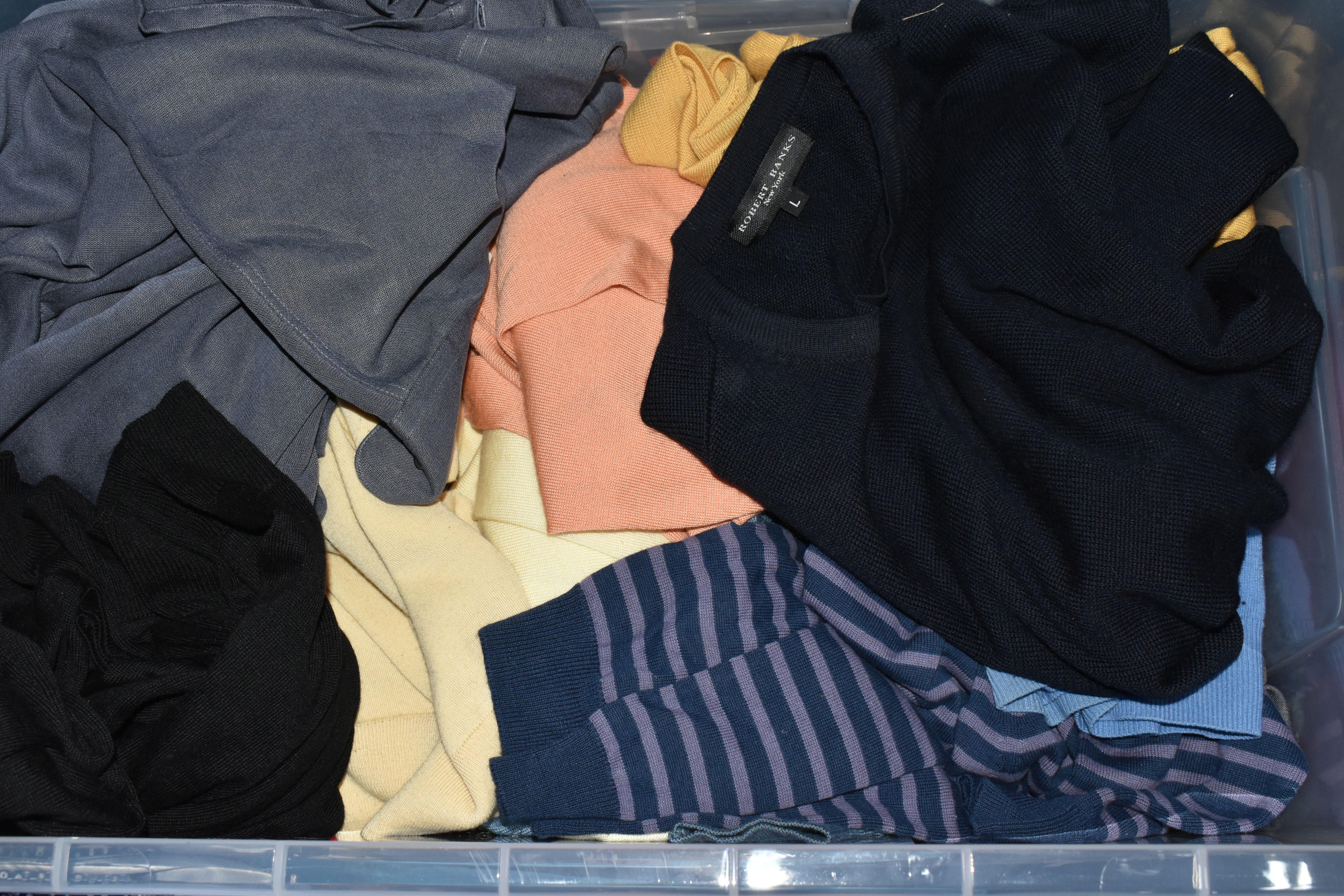 FIVE BOXES OF GENTLEMEN'S SHIRTS AND TROUSERS, assorted colours, long sleeved and short sleeved, - Image 3 of 5