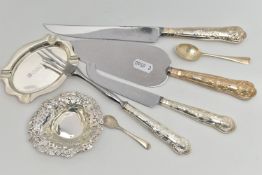 A SELECTION OF SILVERWARE, to include a late Victorian decorative embossed silver pin dish with