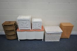 A SELECTION OF VARIOUS WICKER OCCASIONAL ITEMS, to include a white painted ottoman, a linen