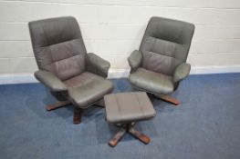 A PAIR OF BROWN LEATHERETTE RECLINING ARMCHAIRS, and a pair of footstools (condition report: