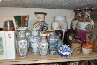 A LARGE QUANTITY OF FLOOR VASES, PLANTERS AND ORNAMENTS, comprising a pair of large Oriental style
