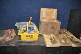 A VINTAGE WOODEN CRATE AND TWO BOXES CONTAINING TOOLS crate has four lift out trays with hammers,