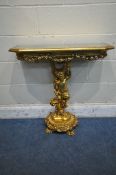 A REPRODUCTION ROCOCO STYLE GILT CONSOLE TABLE, with a glass insert, floral decoration, scantily