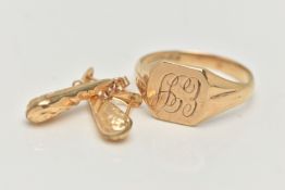 A YELLOW METAL SIGNET RING AND A PAIR OF YELLOW METAL DROP EARRINGS, square with cut off corners,