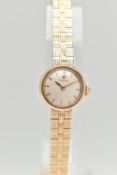 A LADIES 9CT GOLD 'OMEGA' WRISTWATCH, manual wind, round silvered dial signed 'Omega', baton