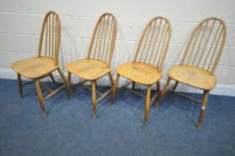 A SET OF FOUR ERCOL ELM AND BEECH QUAKER BACK CHAIRS, model 365 (condition report: all in need of