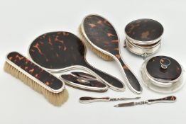 ASSORTED SILVER AND TORTISESHELL PIECES, to include a hair brush, mirror and clothes brush,