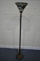 A METAL SPIRAL STANDARD LAMP, with a Tiffany style floral shade, overall height 175cm (condition