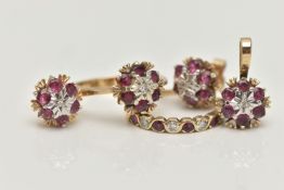 TWO 9CT GOLD RUBY AND DIAMOND RINGS, EARRINGS AND A PENDANT, the first a cluster ring, set with a