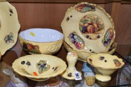 AYNSLEY 'ORCHARD GOLD' PATTERN BOWLS AND DISHES, comprising a pumpkin shaped bowl, height 9cm (six