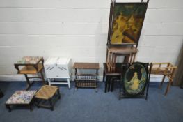 A SELECTION OF OCCASIONAL FURNITURE, to include a white painted cantilever sewing box with contents,