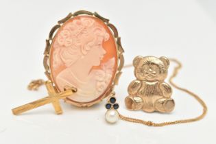 FOUR PIECES OF JEWELLERY, to include a 9ct gold, carved shell cameo brooch, depicting a lady in