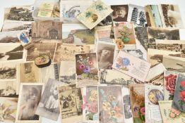 A SELECTION OF POSTCARDS, CIGARETTE CARDS AND THREE PENNIES, the postcards are mainly early 20th