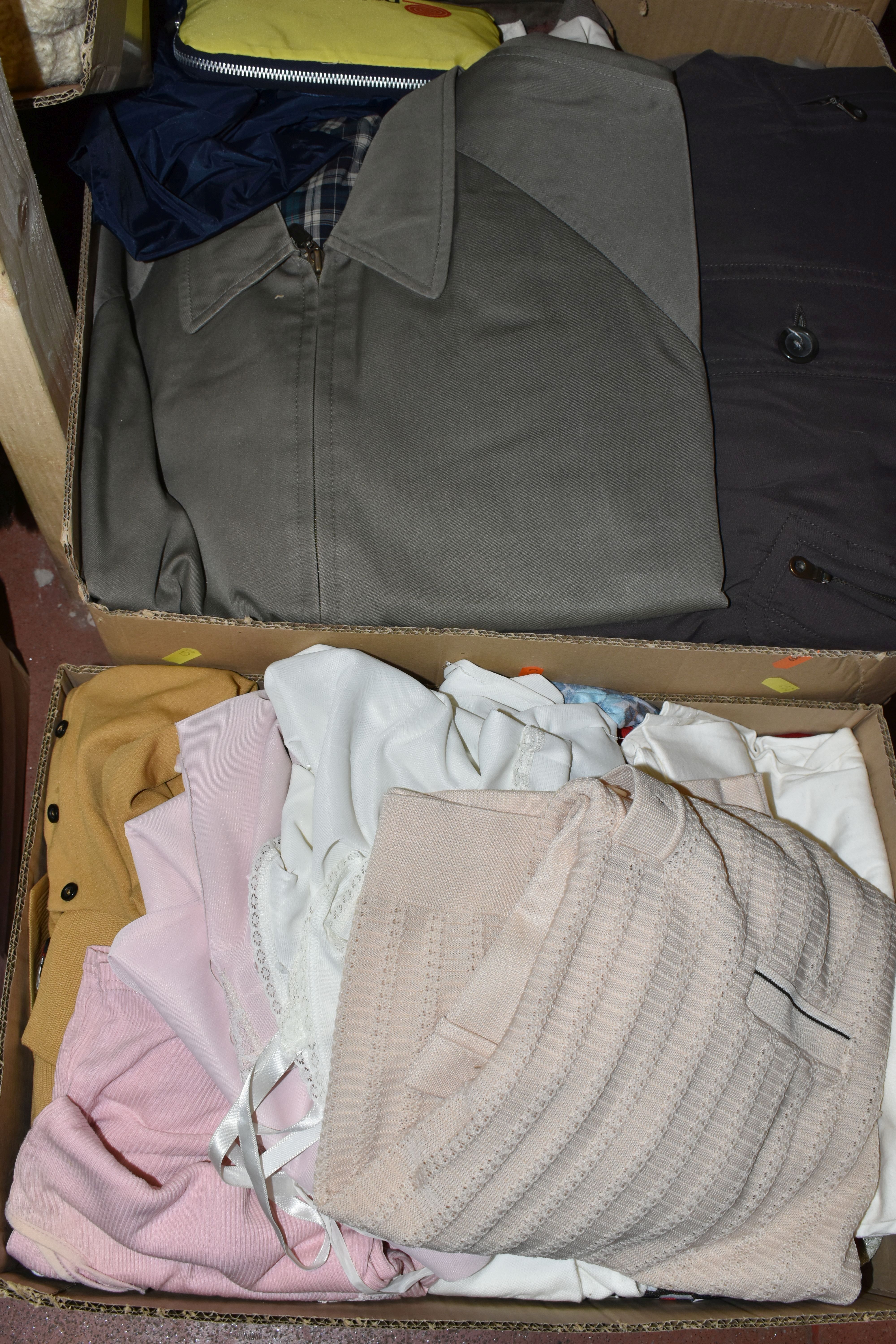 TEN BOXES OF CLOTHING, men's and ladies' clothes to include knitwear, coats, t-shirts, and trousers, - Image 2 of 7