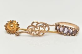 A 9CT GOLD FIVE STONE RING, STICK PIN AND BROOCH, the ring designed as five graduated oval cut