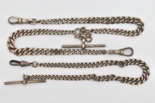 TWO EARLY 20TH CENTURY SILVER ALBERT CHAINS, the first a double Albert chain, with graduating curb