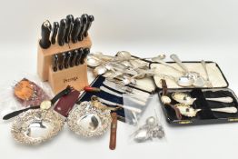 A BOX OF ASSORTED ITEMS, to include a white metal charm bracelet fitted with a heart padlock