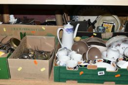 FIVE BOXES OF CERAMICS, GLASS, METAL WARES AND SUNDRY ITEMS, to include a quantity of modern