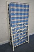 A MODERN WHITE TUBULAR SINGLE BEDSTEAD, with a blue unbranded mattress (condition report: general