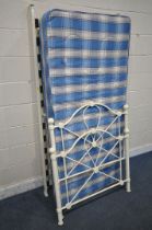 A MODERN WHITE TUBULAR SINGLE BEDSTEAD, with a blue unbranded mattress (condition report: general