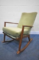 A MID CENTURY PARKER KNOLL TEAK FRAMED ROCKING CHAIR, with green upholstery, width 60cm x depth 87cm