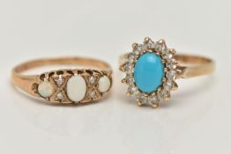TWO 9CT GOLD RINGS, the first a designed as three opal cabochons interspaced by four single cut