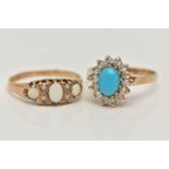 TWO 9CT GOLD RINGS, the first a designed as three opal cabochons interspaced by four single cut