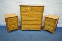 A JULIEN BOWEN PINE THREE PIECE BEDROOM SUITE, comprising a chest of two short over four long