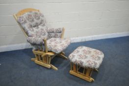 A DUTAILIER BEECH ROCKING ARMCHAIR AND STOOL, with floral upholstery, the chair with a rocking