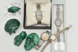 A BOX OF ASSORTED WATCHES AND ORNAMENTS, to include a boxed ladies 'Rotary' wristwatch, a ladies '