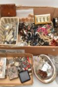 A BOX OF ASSORTED COSTUME JEWELLERY AND ITEMS, to include a small basket tray of collectable