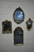 FOUR GILT FRAMED WALL MIRRORS, to include an oval mirror, with foliate detail, 46cm x 62cm, a square