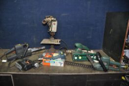SIX ITEMS OF POWER TOOLS including a Bosch PSS 240A sander, a Black and Decker GT200 hedge